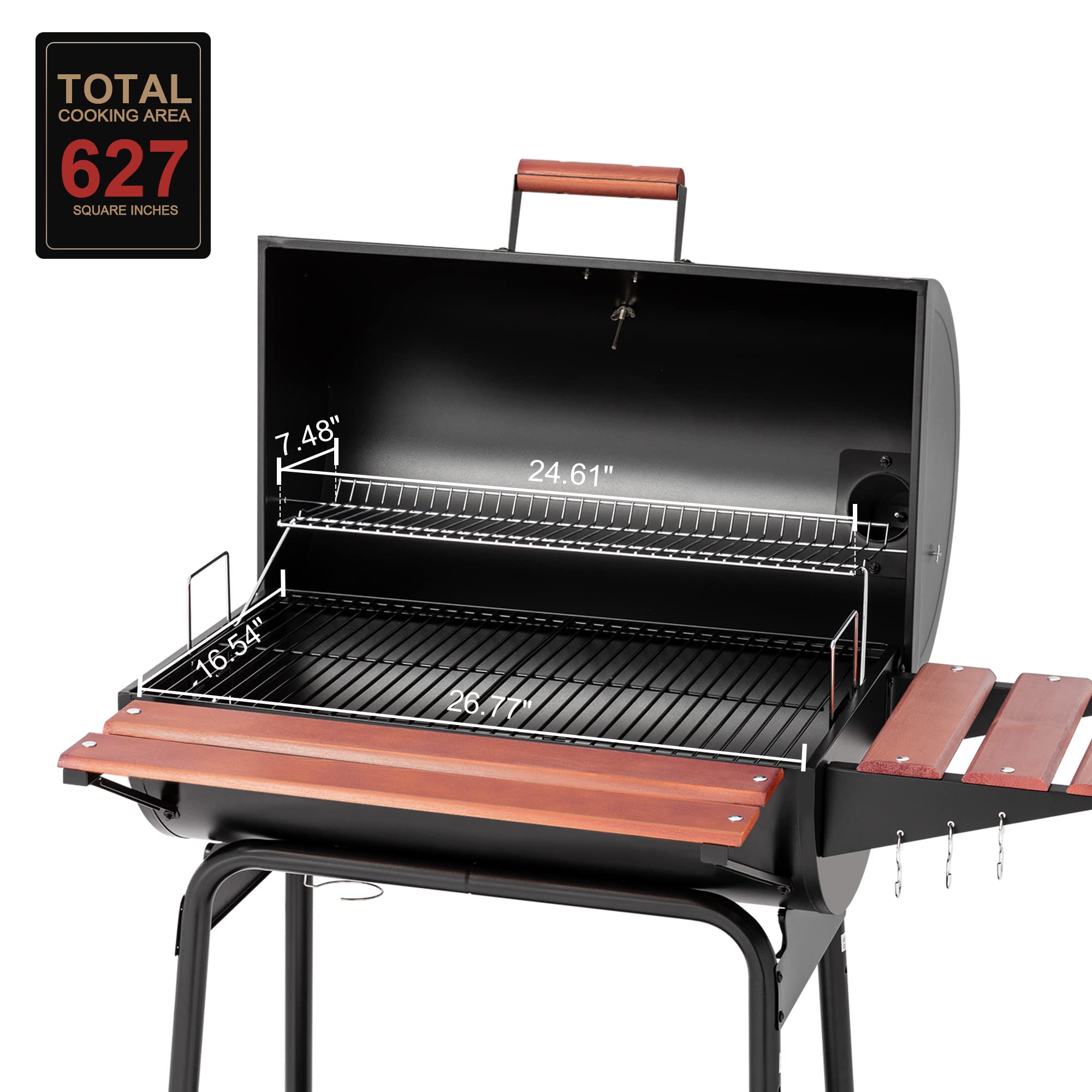 CC1830V 30 Barrel Charcoal Grill with Wood-Painted Side Front Table, 627 Square Inches