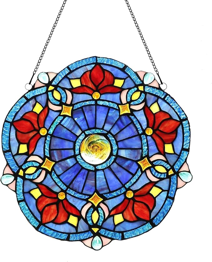 12 Inch Round Stained Glass Window Panel Tiffany Style Ornament Handmade Blue