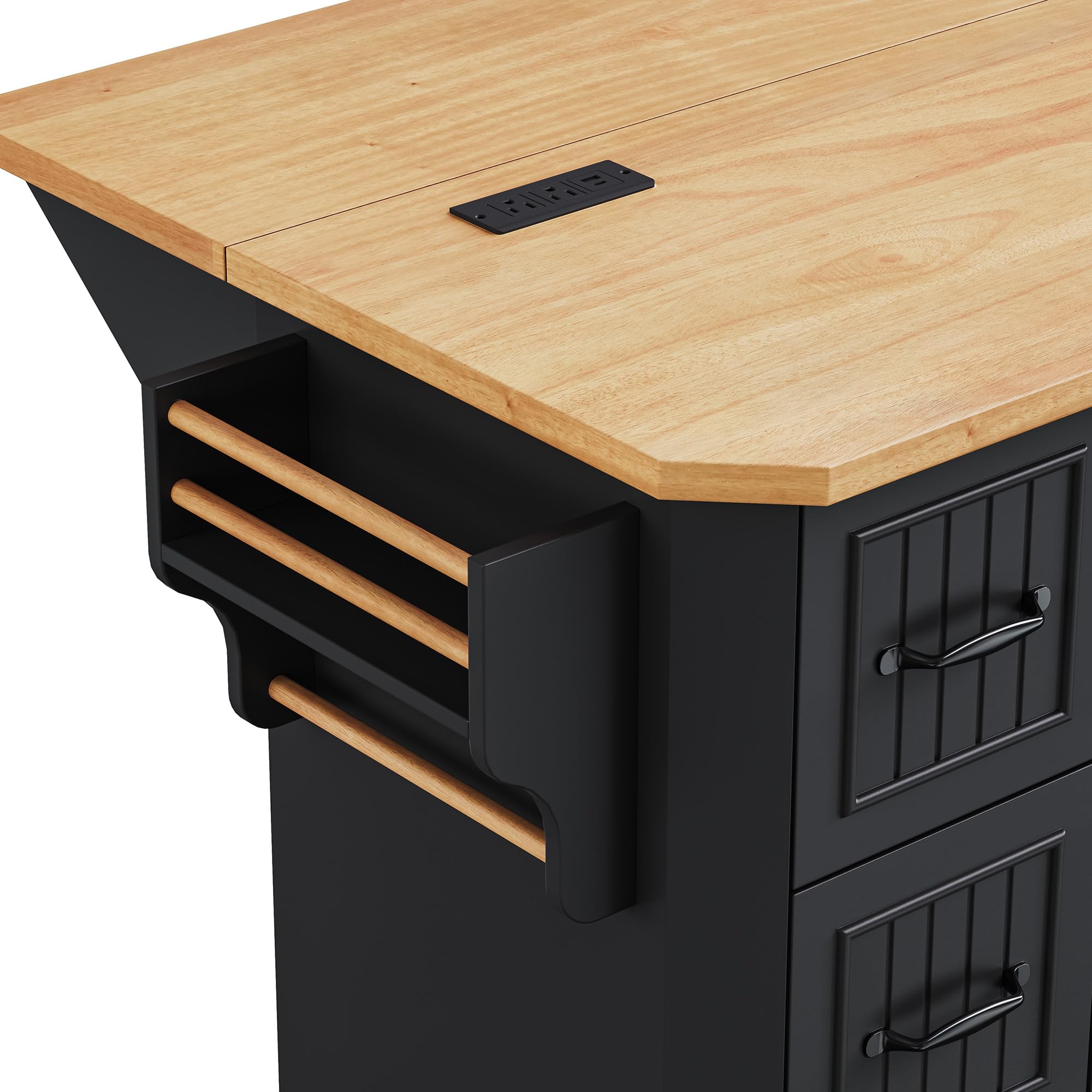 Farmhouse Kitchen Island with Drop Leaf & Power Outlet,56" Folding Kitchen Table with 6 Drawers and 4 Shelves,Rolling Kitchen Cart with Beveled Edges,Dining Island Table with Towel Rack (Black-2)