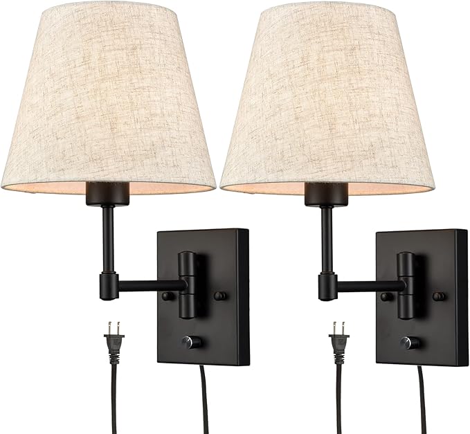 Plug-in Wall Sconces Set of Two Beige Shade Brass Swing Arm Wall Lamp