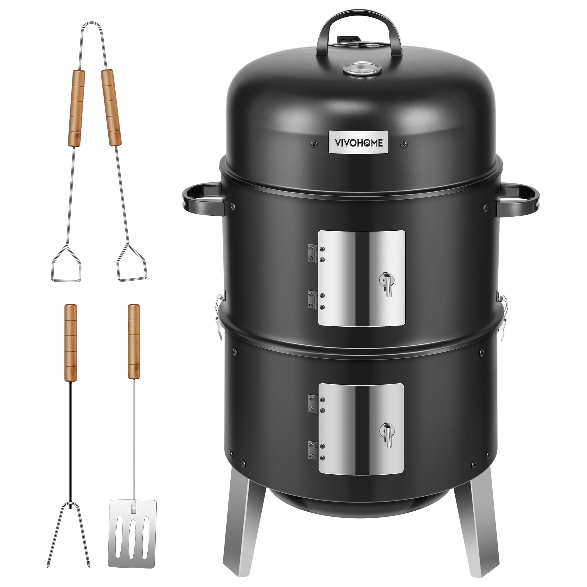 3-in-1 Vertical Charcoal Smoker, BBQ Smoker Grill with Built-in Thermometer, Air Vent
