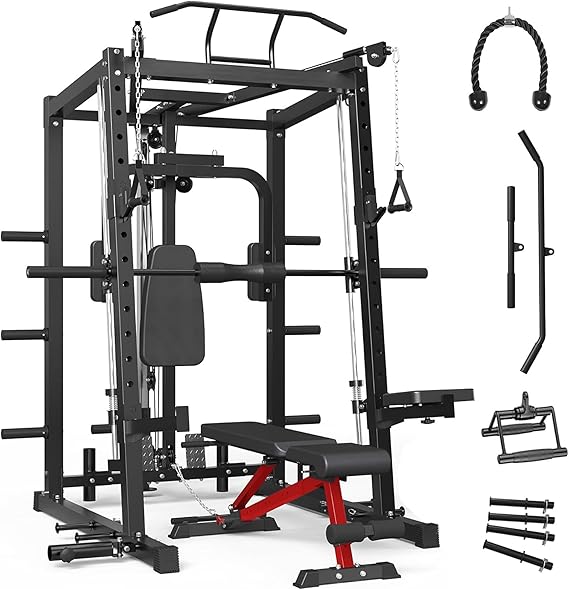 Smith Machine Home Gym, 2000LBS Power Cage with Cable Crossover System,