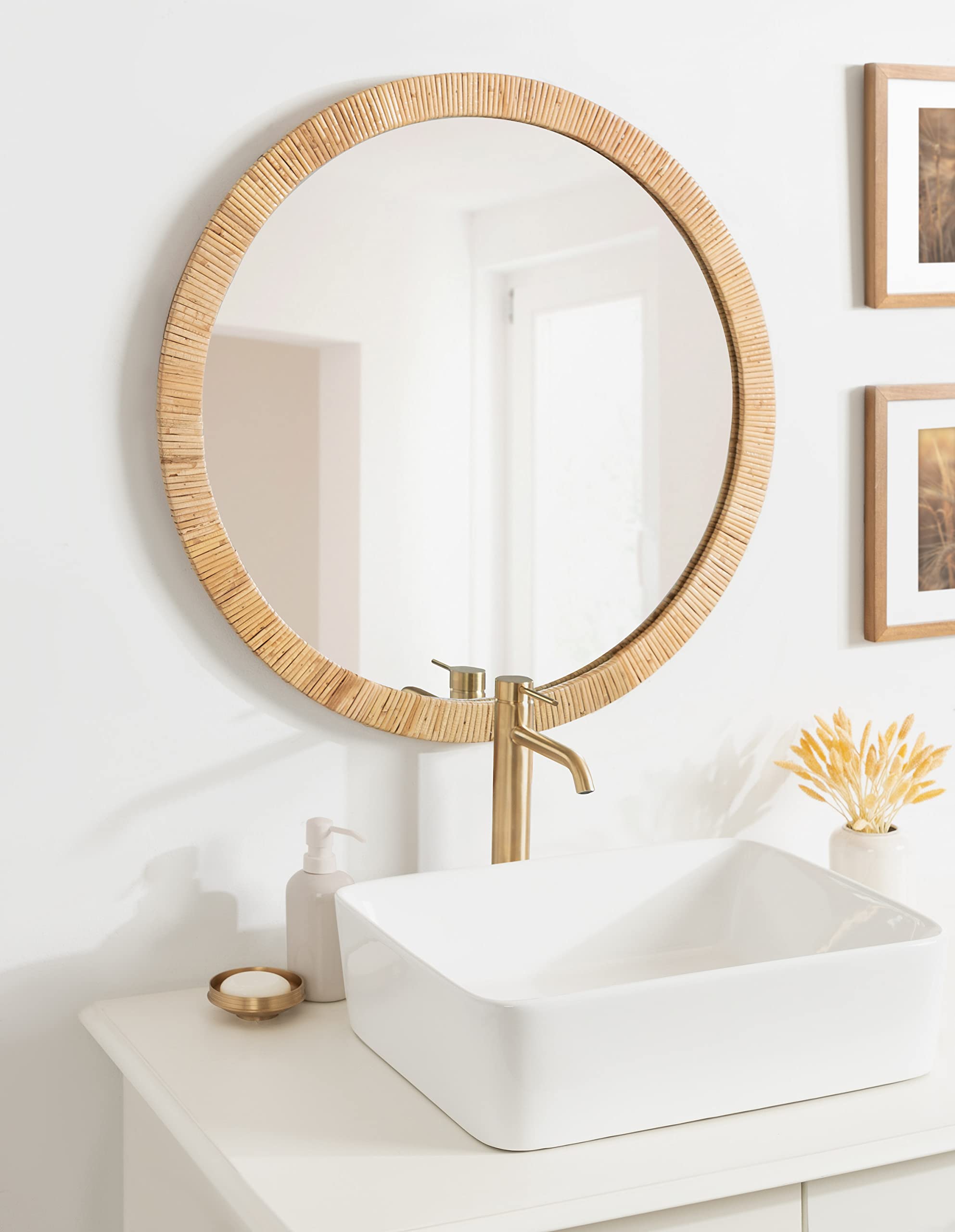 Rahfy Boho Round Rattan Mirror, 28 Inch Diameter, Natural Wood,Bathroom Vanity Mirrors