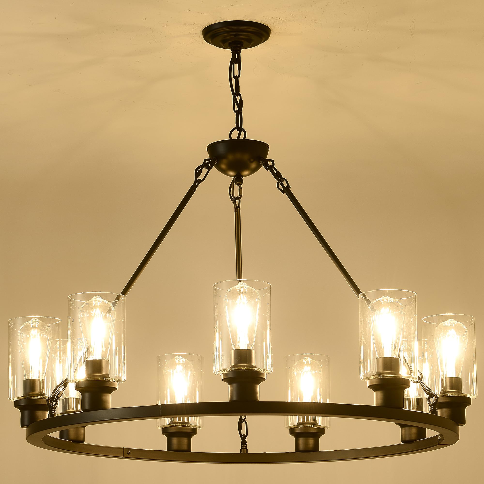 Black Wagon Wheel Chandelier 32 Inch Modern Farmhouse Glass