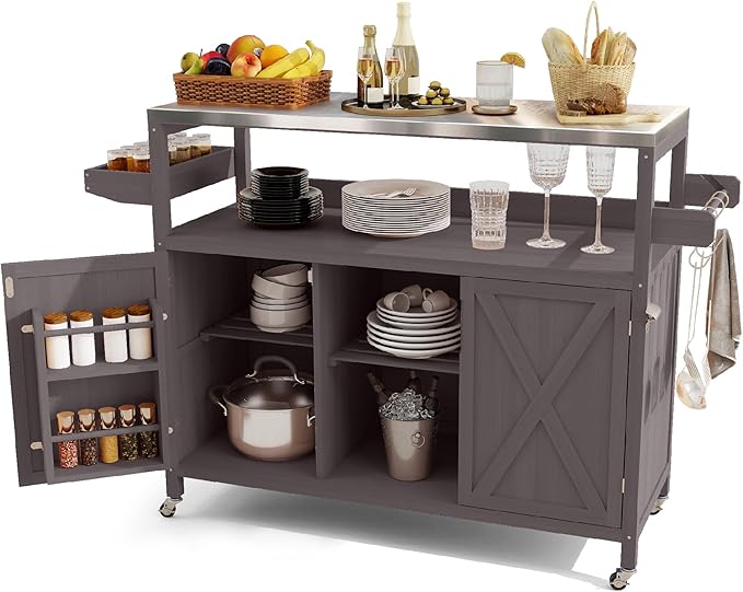 Outdoor Kitchen Island,Stainless Steel Tabletop Outdoor Grill Cart