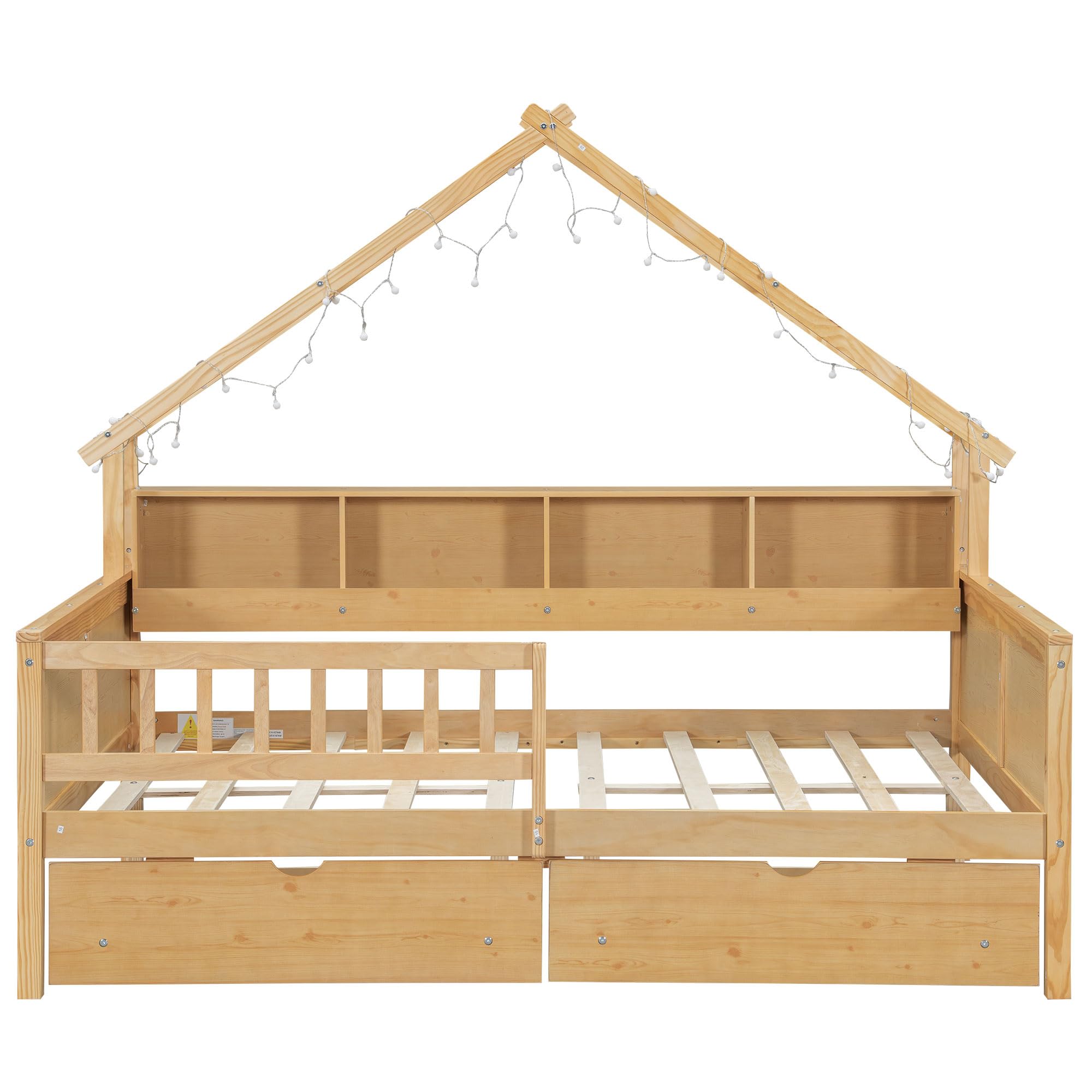 Full Size House Bed with LED Lights and Drawers Wood House Platform Beds