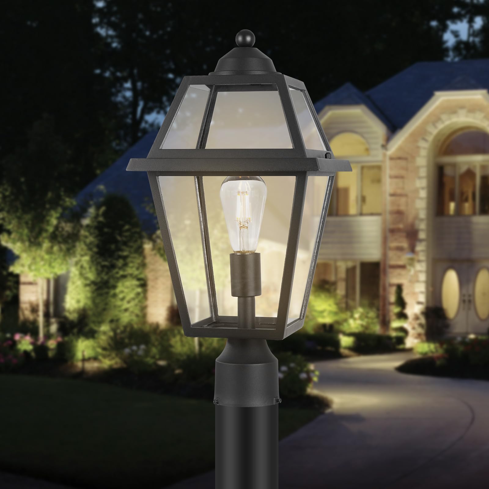Large Outdoor Post Light Fixture, Colonial Exterior Pillar Lantern with Black Finish & Clear