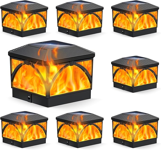 8 Pack Solar Flame Post Cap Lights Outdoor- Flickering Flame & Warm Light 4x4 Fence Post