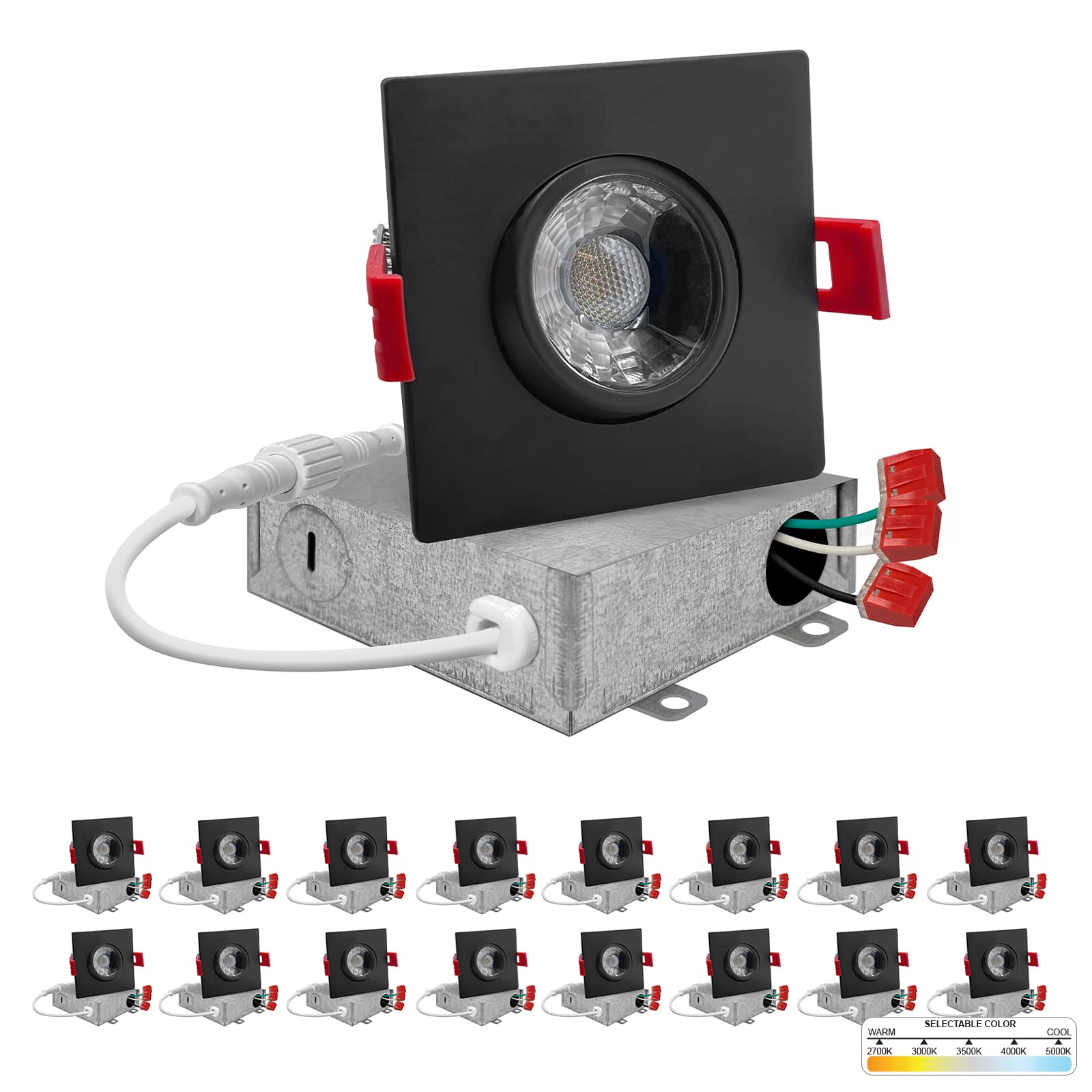 Black 3 Inch Square Adjustable LED Ceiling Light Gimbal Recessed Lighting Dimmable