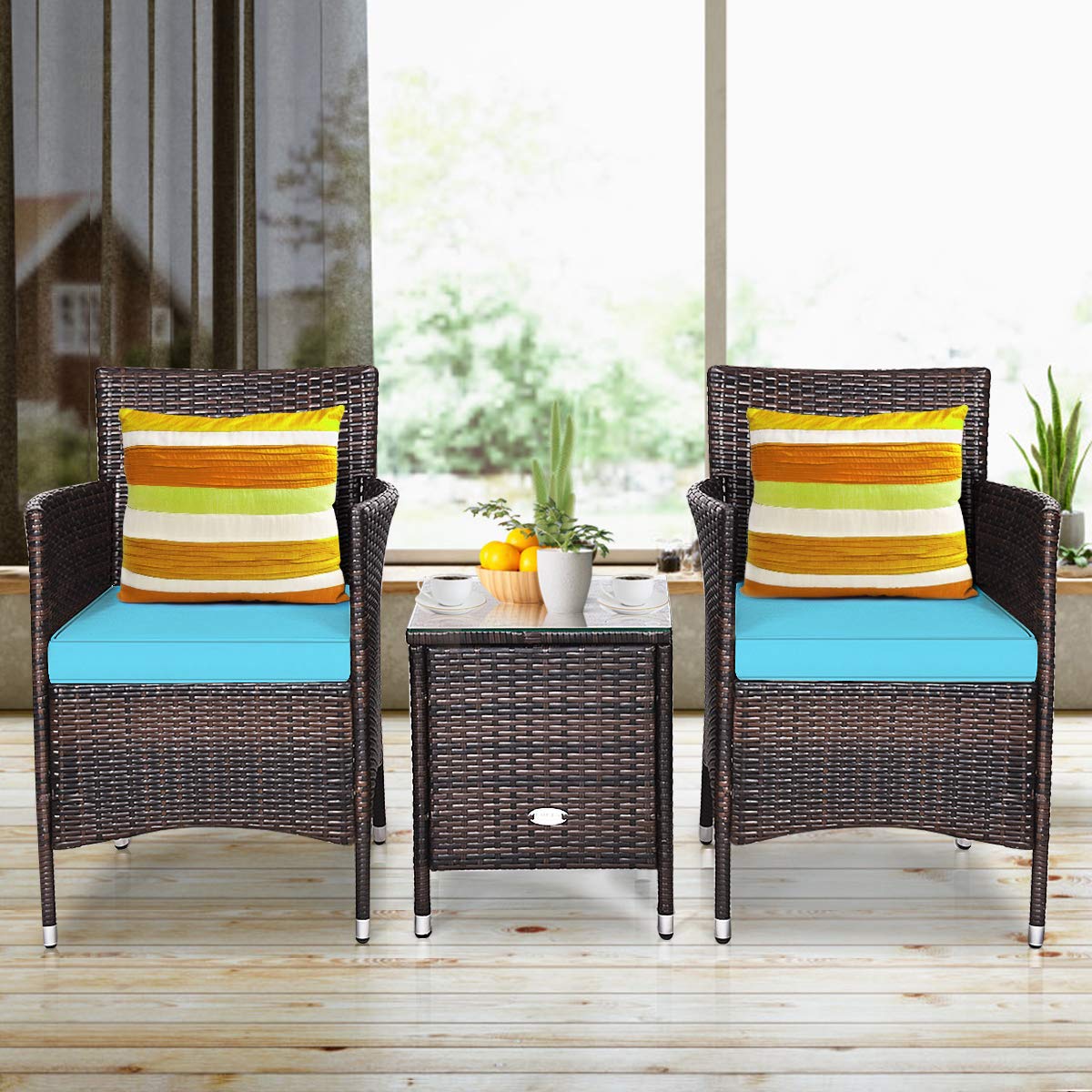 3 PCS Patio Conversation Set, Outdoor Wicker Rattan Furniture Set for Patio