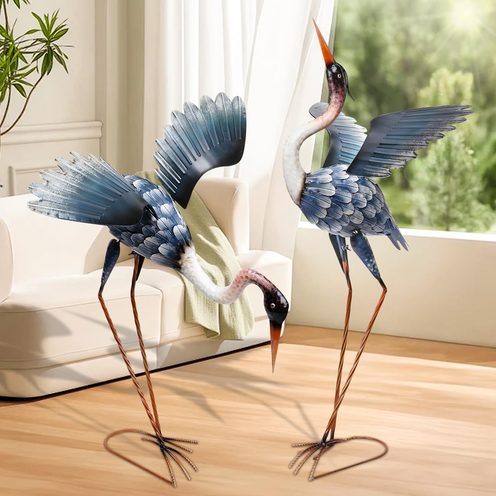 Crane Garden Statues for Outside, 2 Pack Blue Heron Garden Sculpture Statue