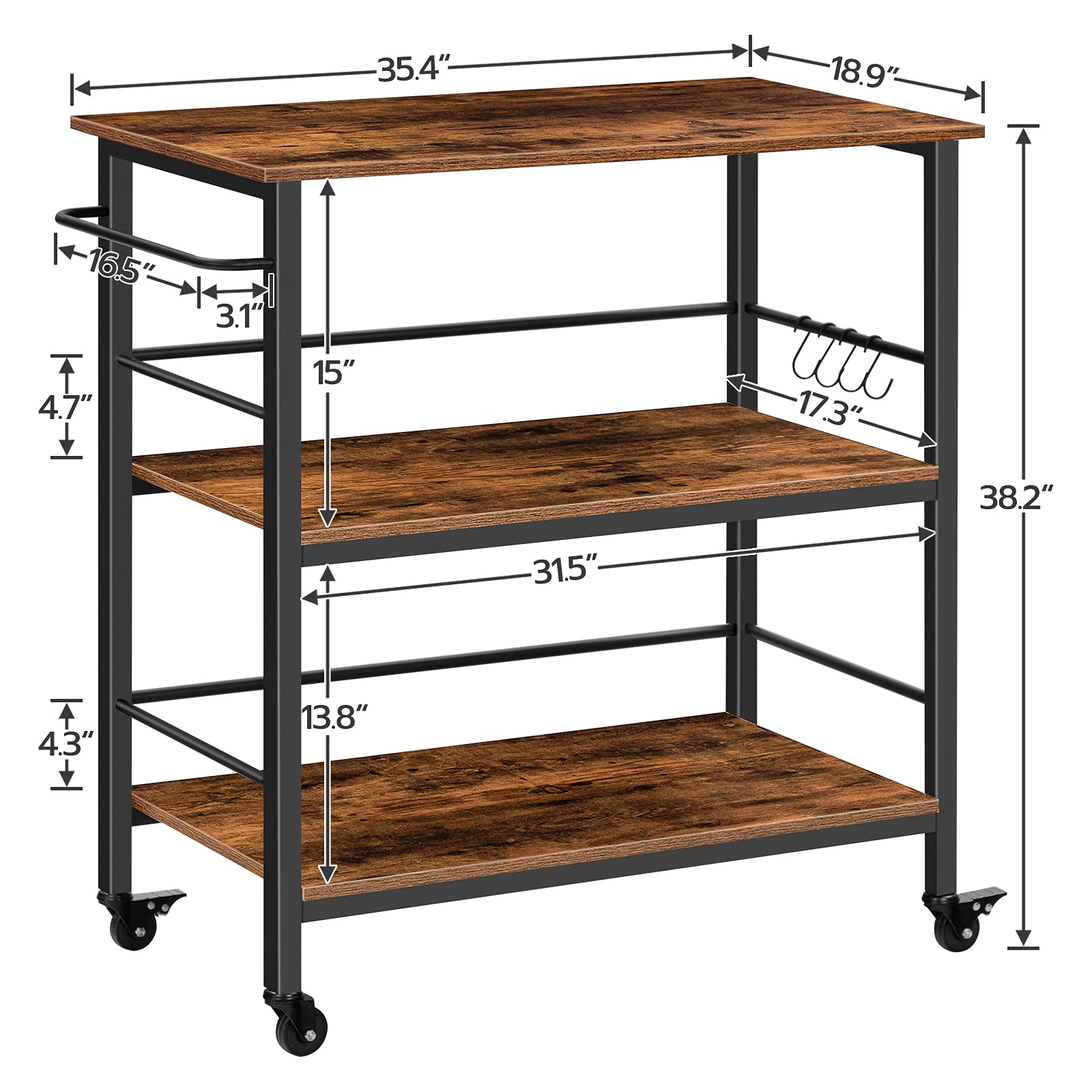HOOBRO Kitchen Island with Storage,Industrial Kitchen Counter with Hooks and Side Enclosures, 3 Tier Kitchen Cart with Large Workstation, Saving Space, Easy Assembly, Rustic Brown and Black BF03ZD01