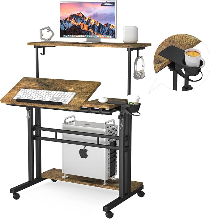Adjustable Rolling Computer Desk with 3 Desktops, Portable Laptop Table