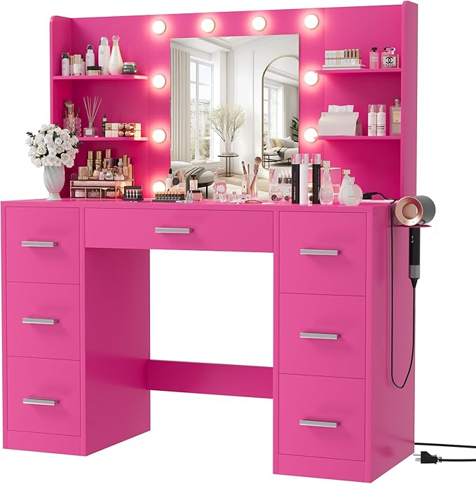 Vanity Desk with Mirror, LED Lights and Power Outlet Makeup Vanity Table