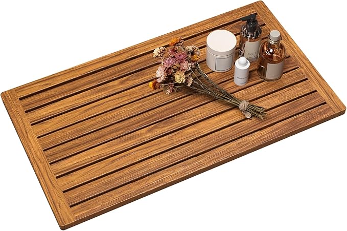 Teak Shower Mat, 32"x18" Wood Bath Mat Non-Slip Bathroom Mat Teak Bath