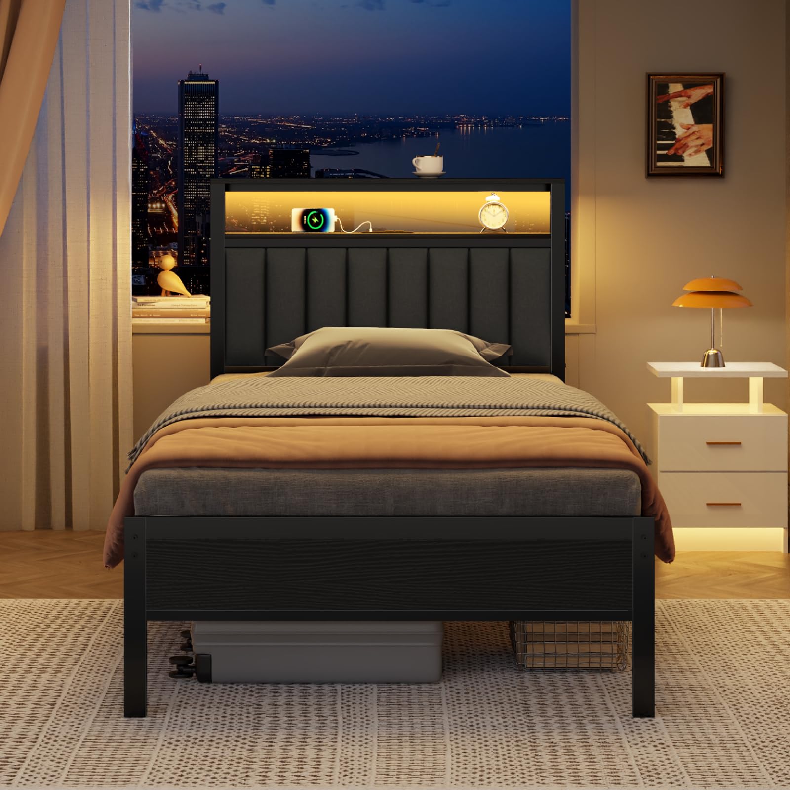 Twin Size Bed Frame with Charging Station and LED Lights, Platform Bed