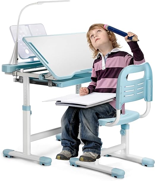 Chair Set Height Adjustable School Study Desk and Chair with 55° Tiltable Desktop
