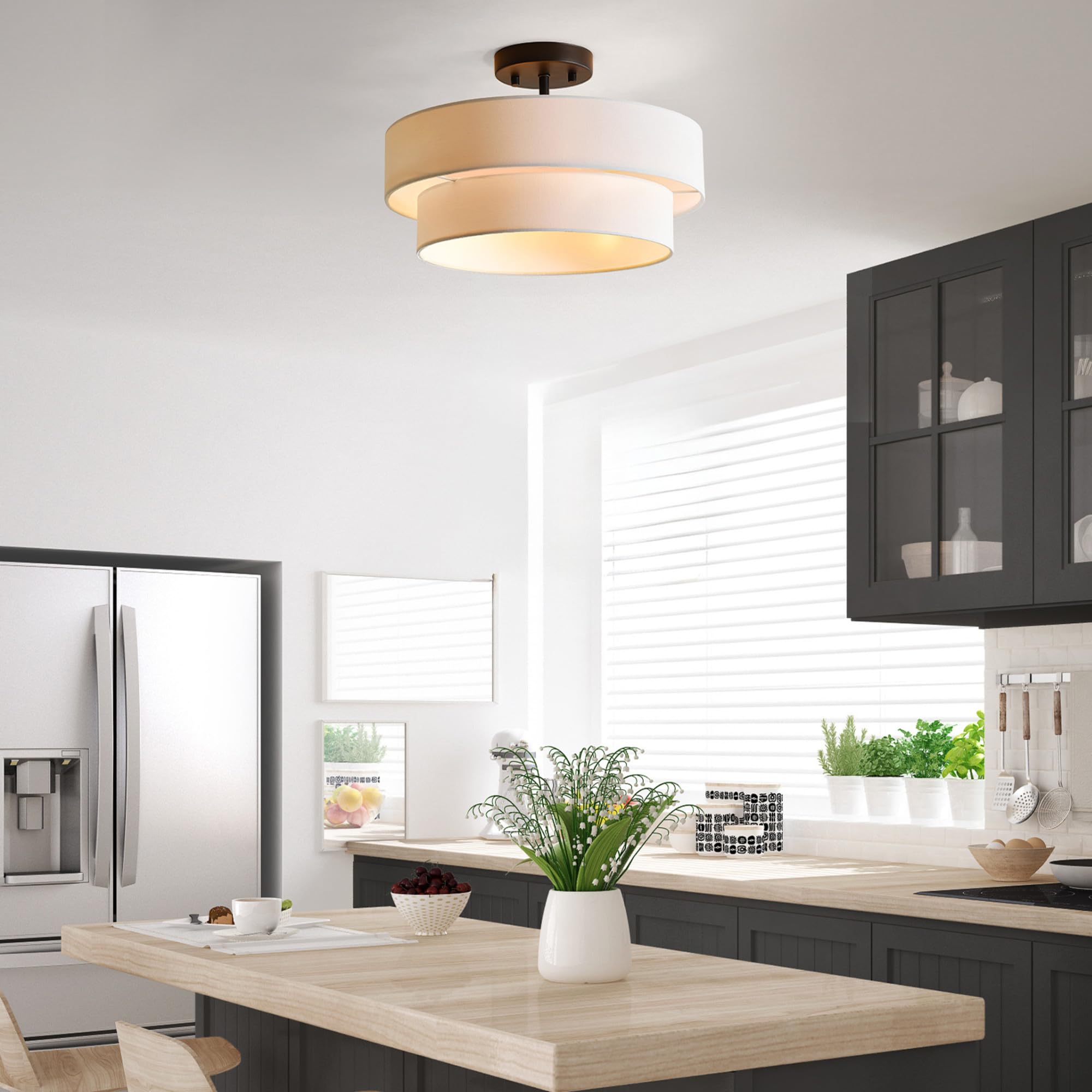 2-Light Semi-Flush Mount Ceiling Light, Matte Black, 2-Tier, White Linen Shade