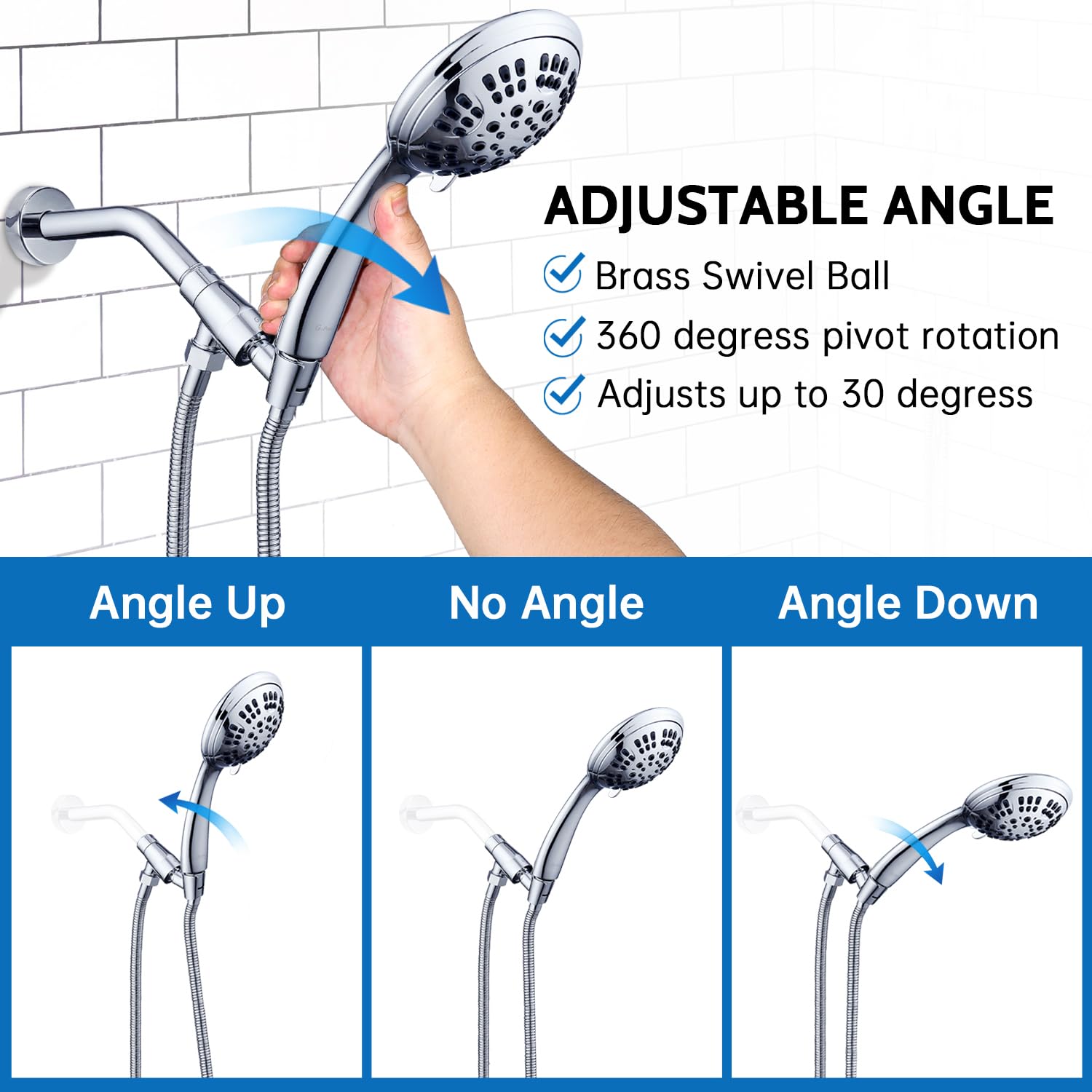 G-Promise High Pressure Shower Head 6 Spray Setting with Adjustable Solid Brass Shower Arm Mount and Extra Long Flexible Stainless Steel Hose (Chrome)