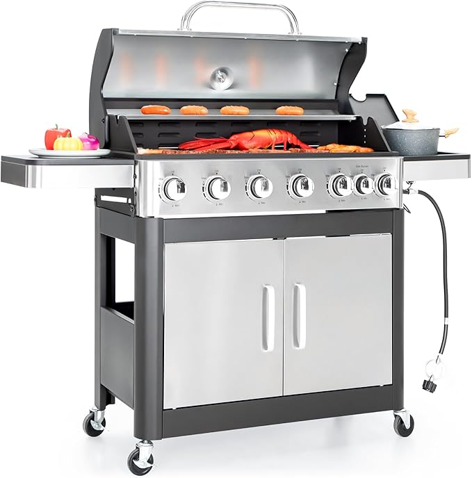 4-Burner Propane Gas BBQ Grill with Side Burner & Porcelain-Enameled Cast Iron Grates