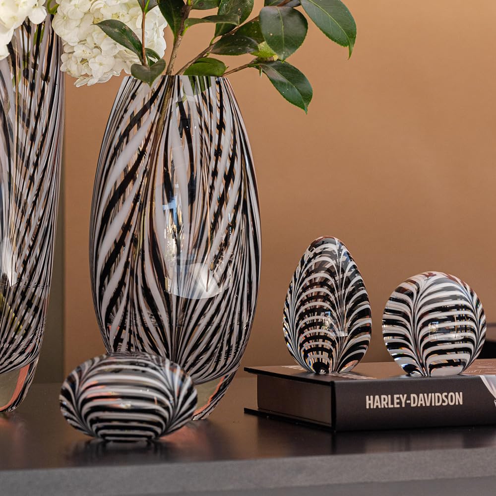 Glass Vase Black and White Feather Pattern Hand Blown Murano-Style Art Glass