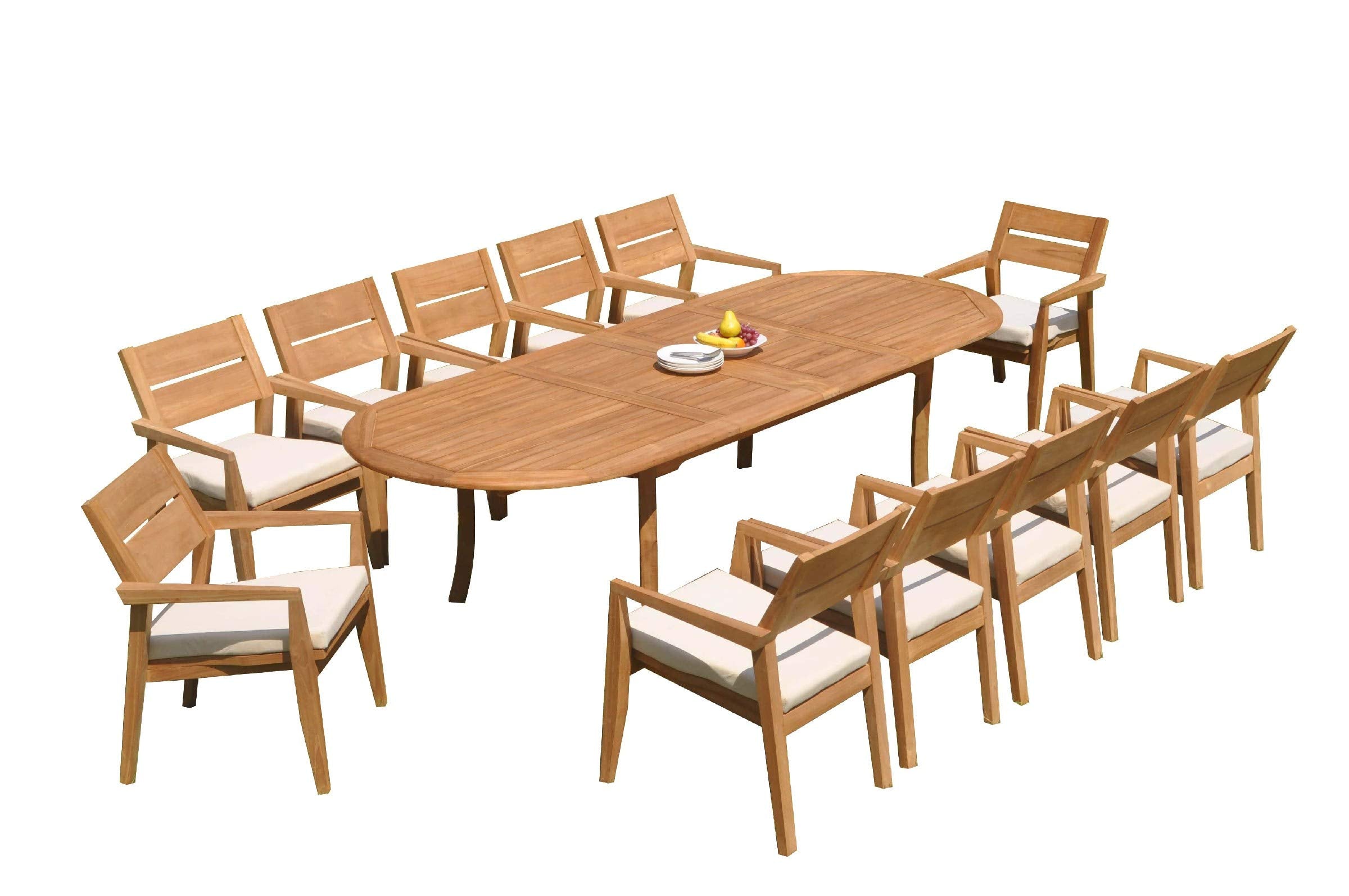 12 Seats 13 Pcs Grade-A Teak Wood Dining Set: 118" Double Extension Oval Table