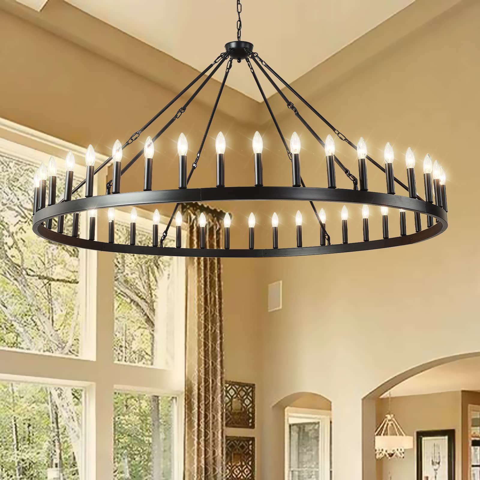 64 Inch Black Extra Large Wagon Wheel Chandelier