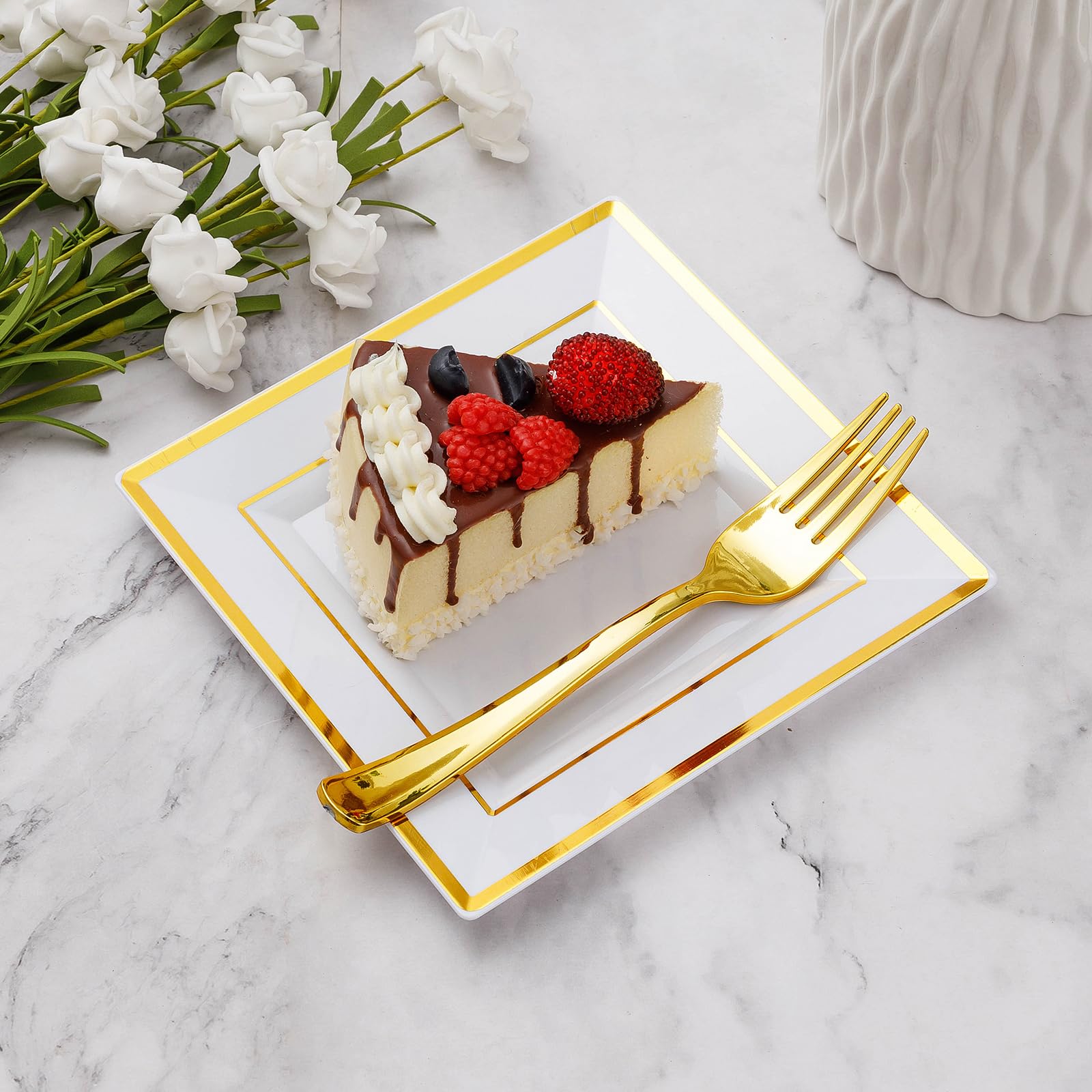 120 Pieces Gold Square Plastic Plates with Forks, Gold Dessert Plates