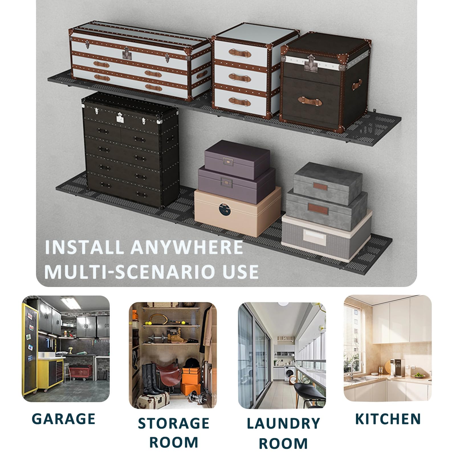 oottmes New 4 Pack Garage Wall Shelving, Heavy Duty 1.5' x 3.8' Wall Mount Storage Shelf with Hooks, Garage Storage Rack Floating Shelves, Holds 250 lbs Each