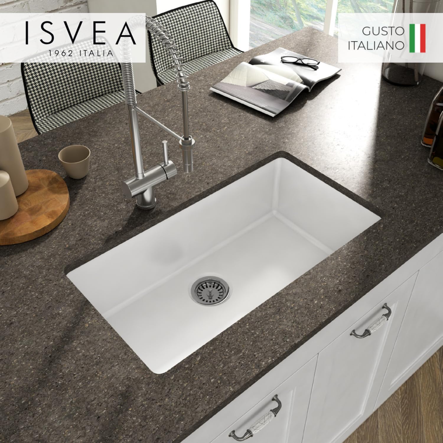 32 Inch White Fireclay Undermount or Drop-In Kitchen Sink, Single Bowl, Large Capacity