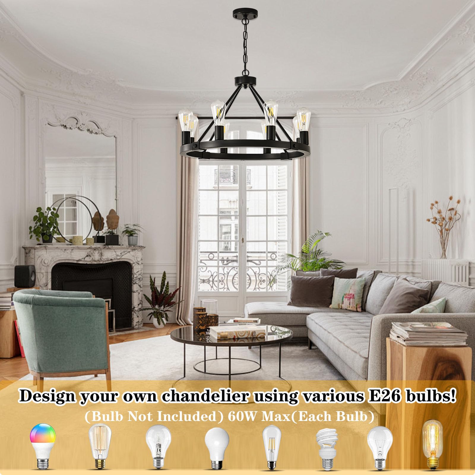 Black Modern Farmhouse Wagon Wheel Chandelier for Dining Room Light