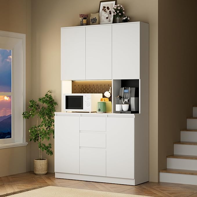 74” Pantry Cabinet with Power Outlet, Kitchen Hutch with Storage & Microwave