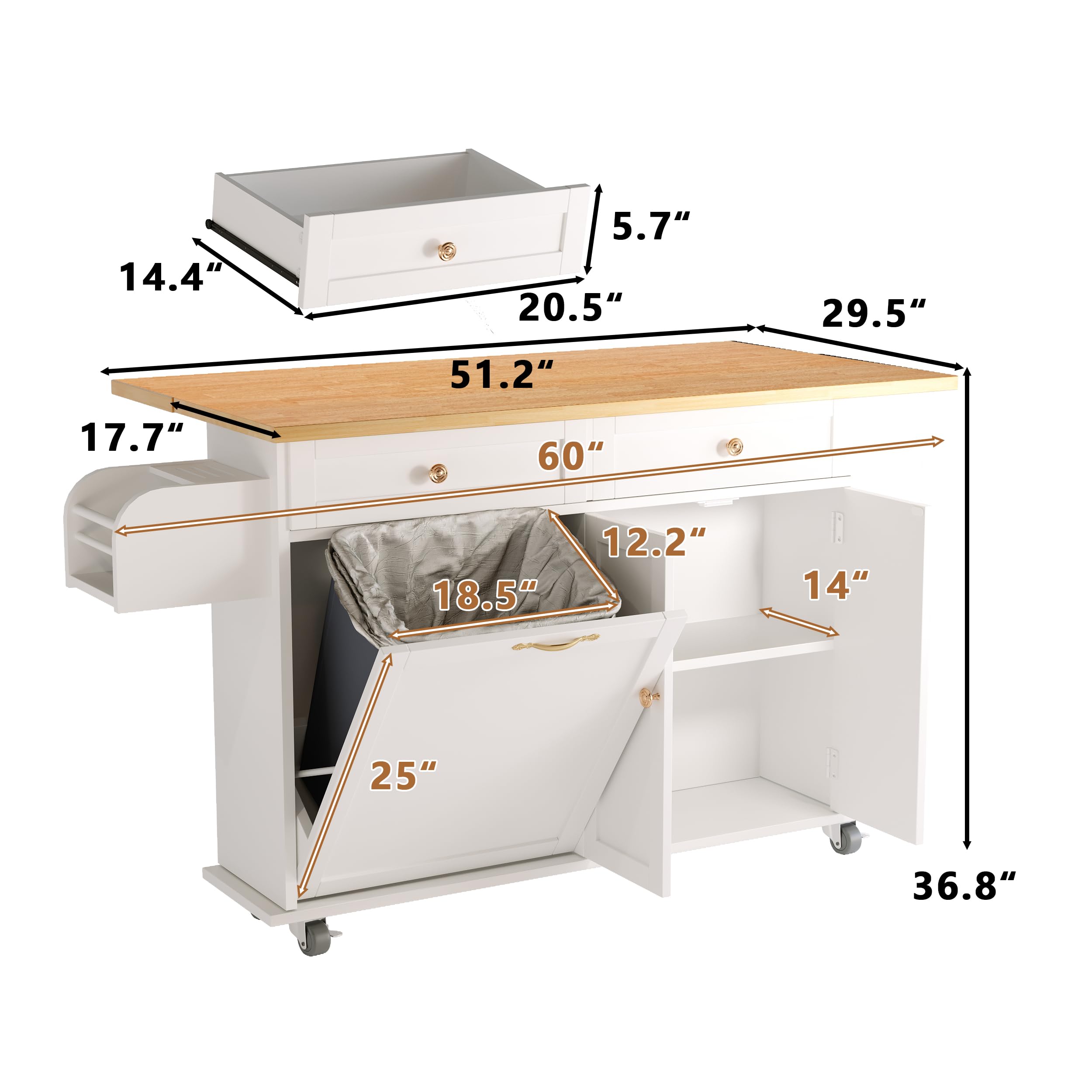 Rolling Kitchen Island with Drop Leaf, Kitchen Island Cart with Trash Storage Cabinet, Kitchen Rolling Island with Spice Rack & Knife Holder, Mobile Island Table for Kitchen, White
