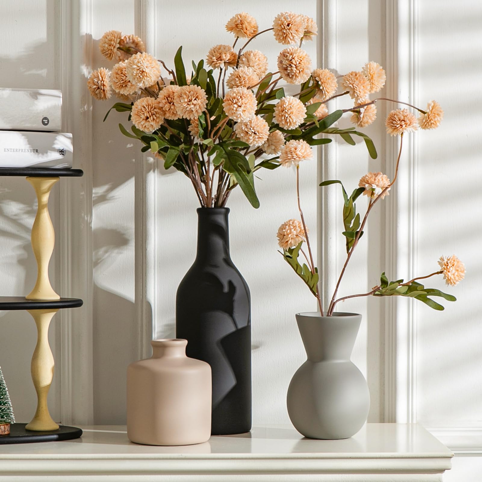 Modern Ceramic Flower Vase for Home Decor with Dried Fake Flowers - 3PCS