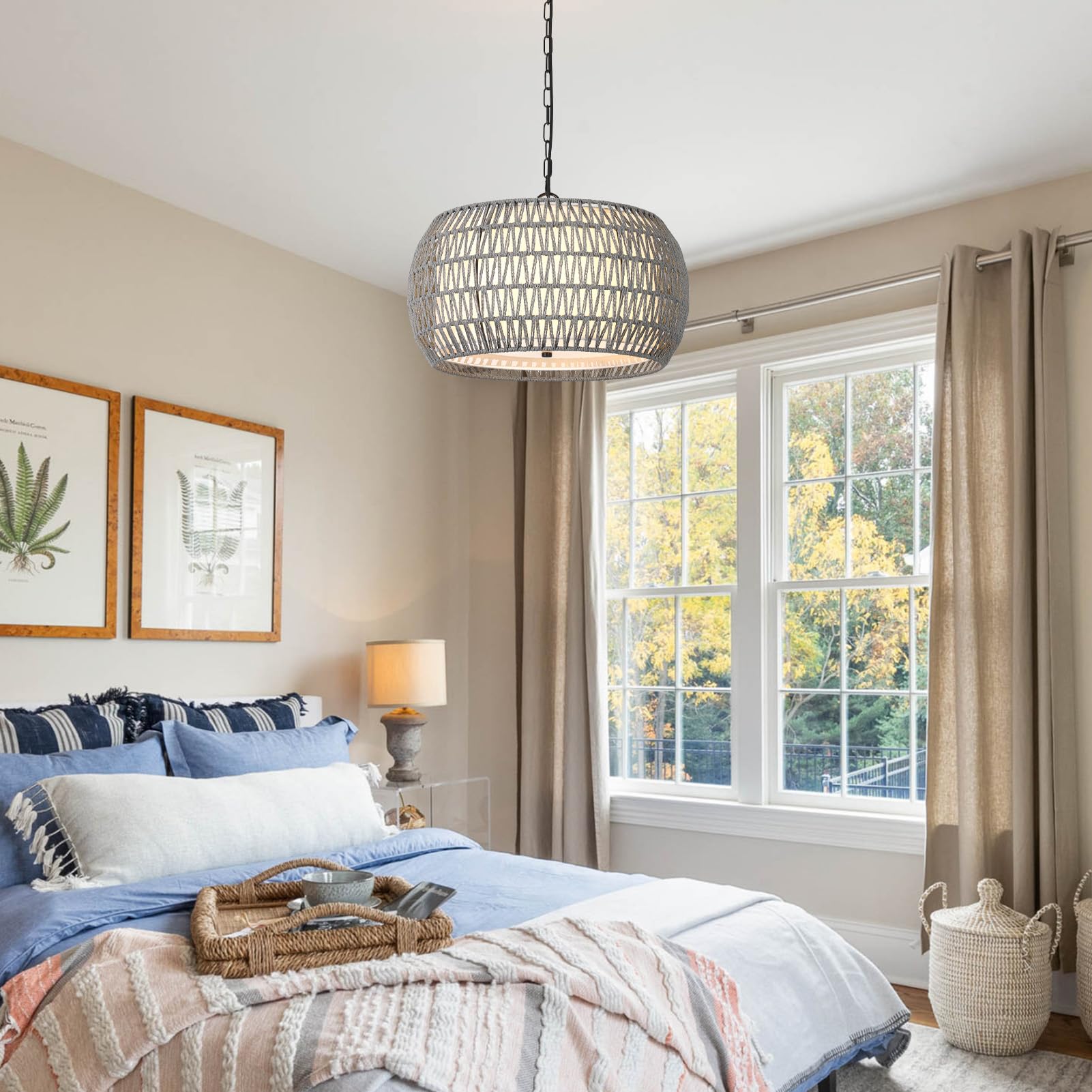 Farmhouse Chandelier Light Fixtures，5-Lights Rattan Dining Room Light Fixture