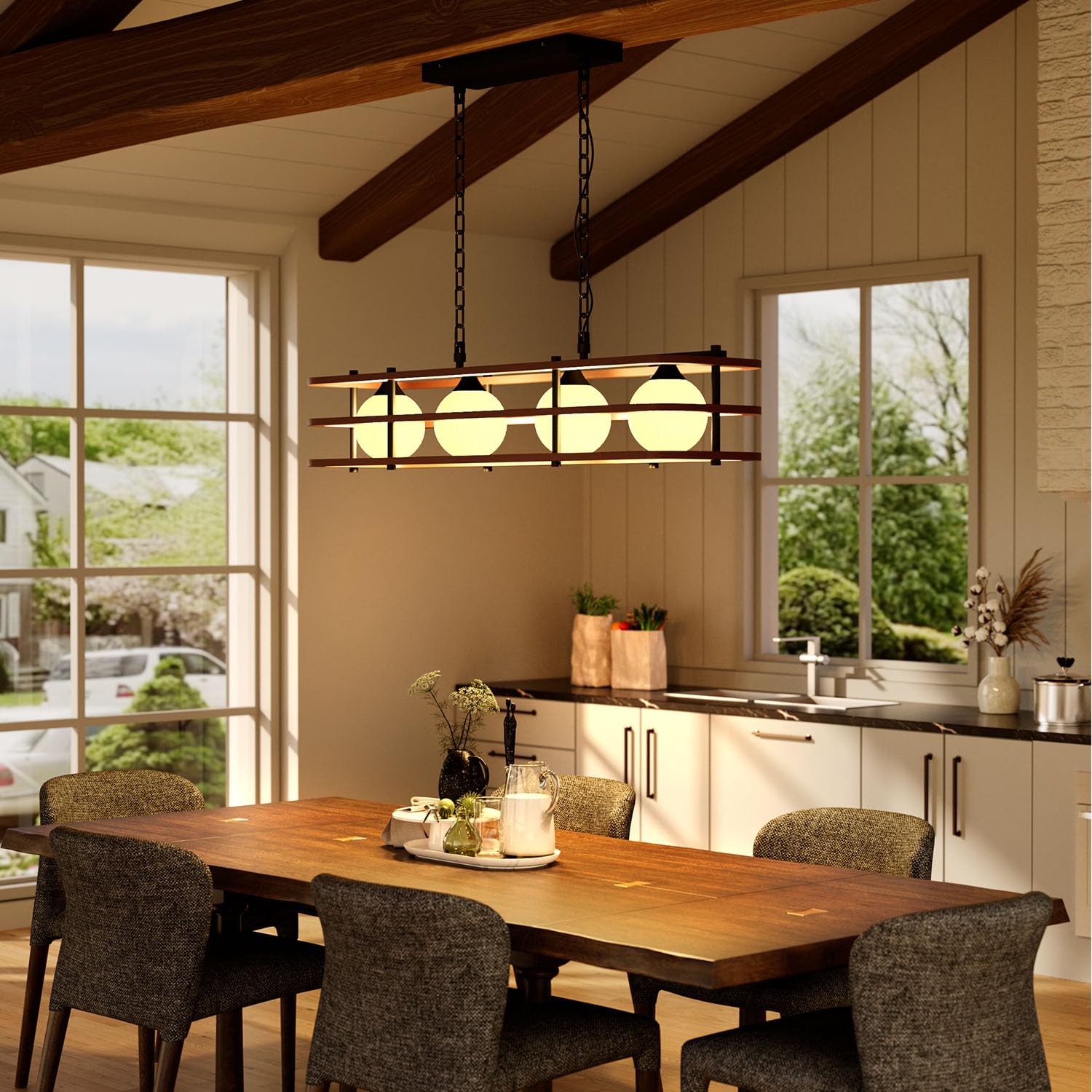 35.4" Farmhouse Kitchen Island Lighting, 4-Light Wood Rustic Linear Chandeliers