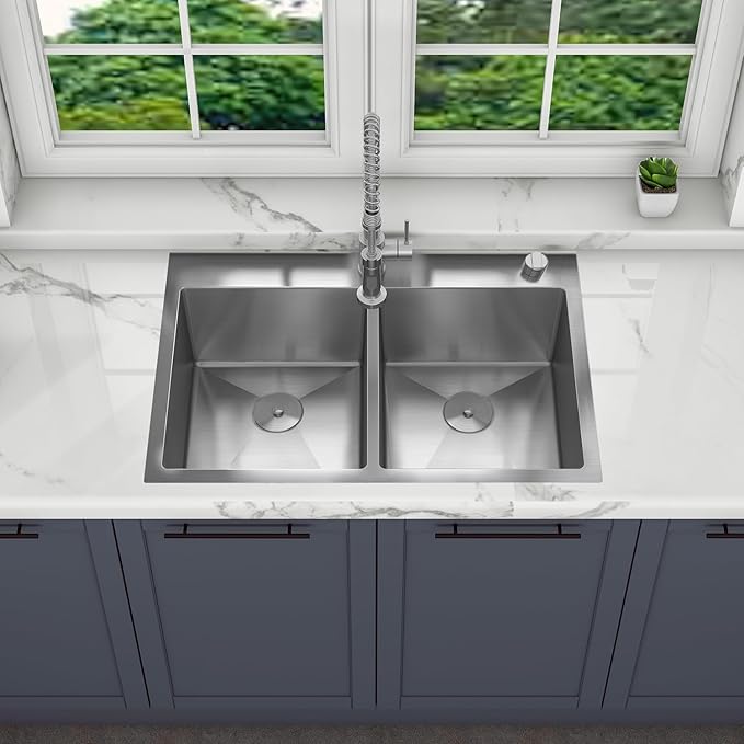 HT3322D-9-S 33" x 22" x 9" Drop In Double Bowl Kitchen Sink
