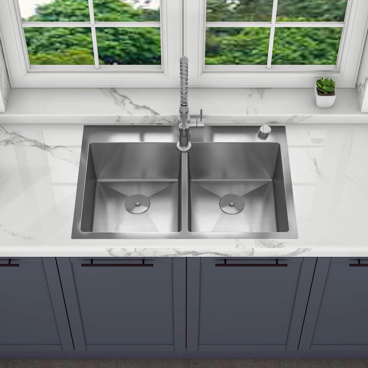 HT3322D-9-S 33" x 22" x 9" Drop In Double Bowl Kitchen Sink