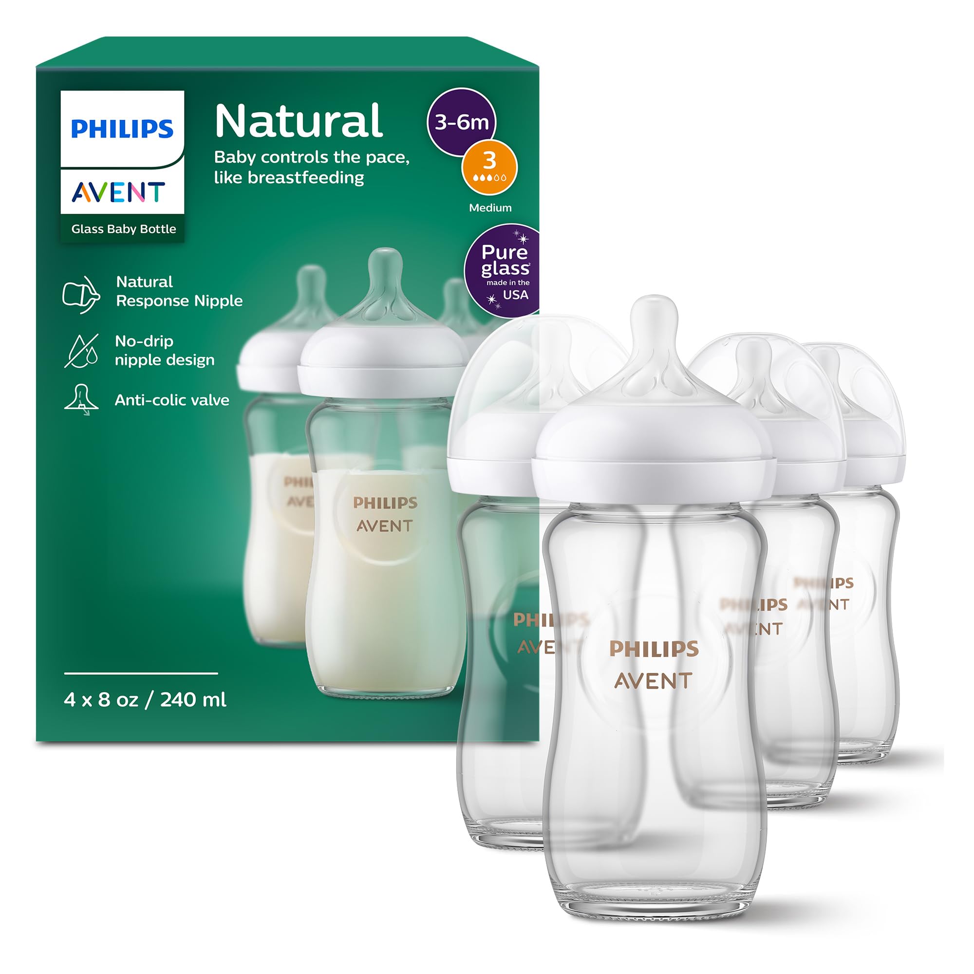 Avent Natural Glass Baby Bottles with Natural Response Nipples (Medium Flow, Flow 3)