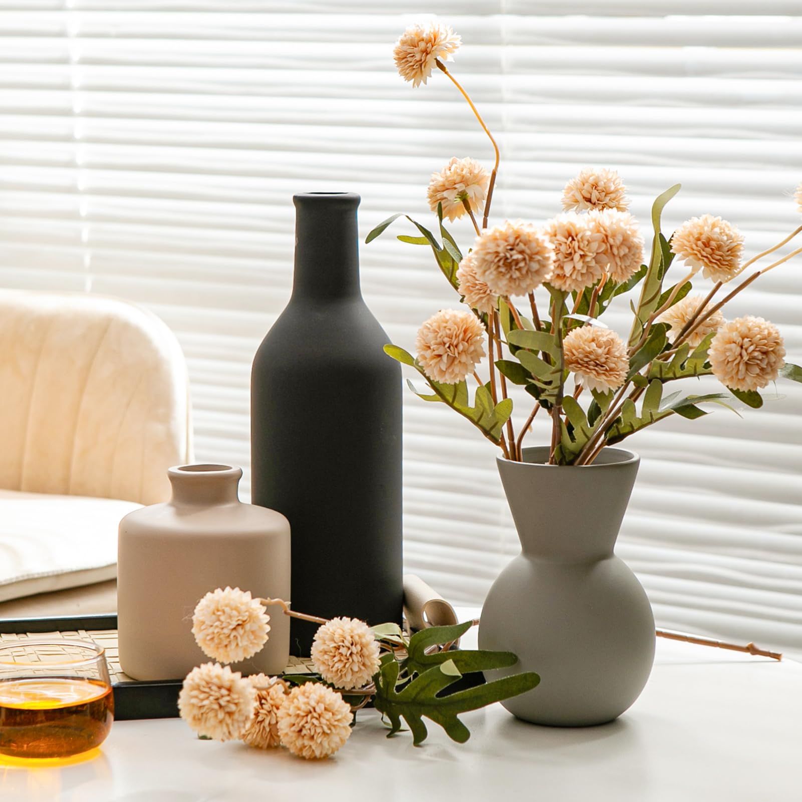 Modern Ceramic Flower Vase for Home Decor with Dried Fake Flowers - 3PCS