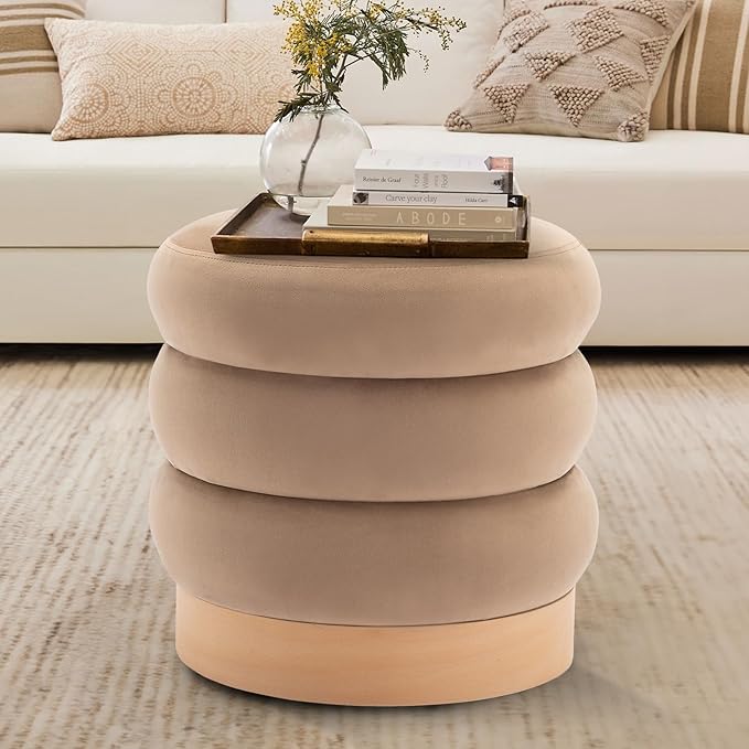 Sherpa Ottoman Footstool, Tufted Modern Foot Rest Stool with Wood Base for Living Room