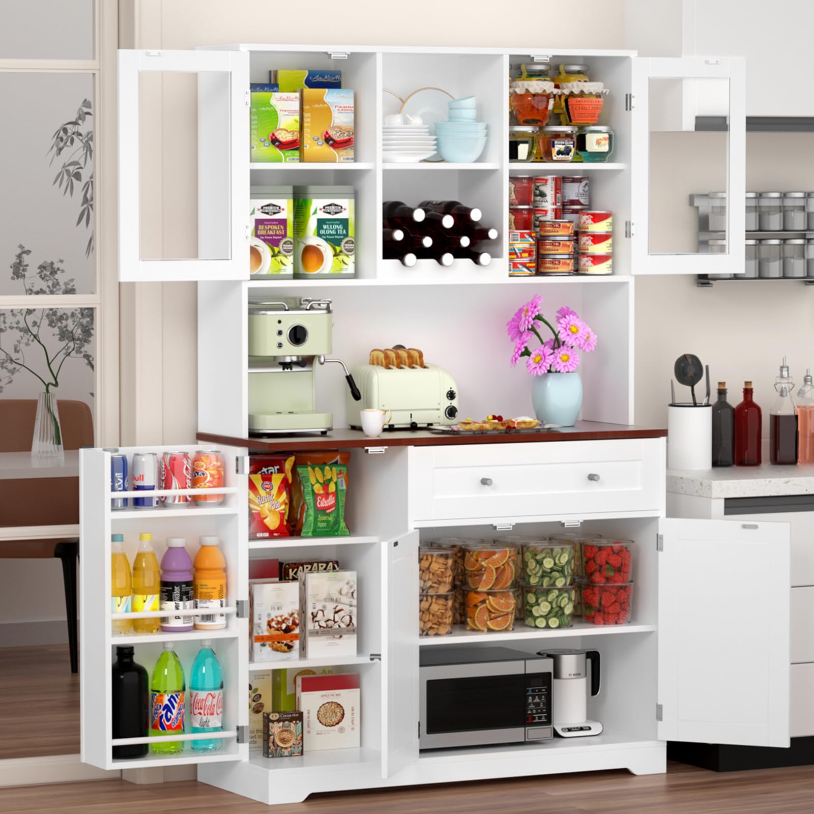 Kitchen Pantry Storage Cabinet,White Wood Tall Food Pantry Cabinet with Swing Out Doors