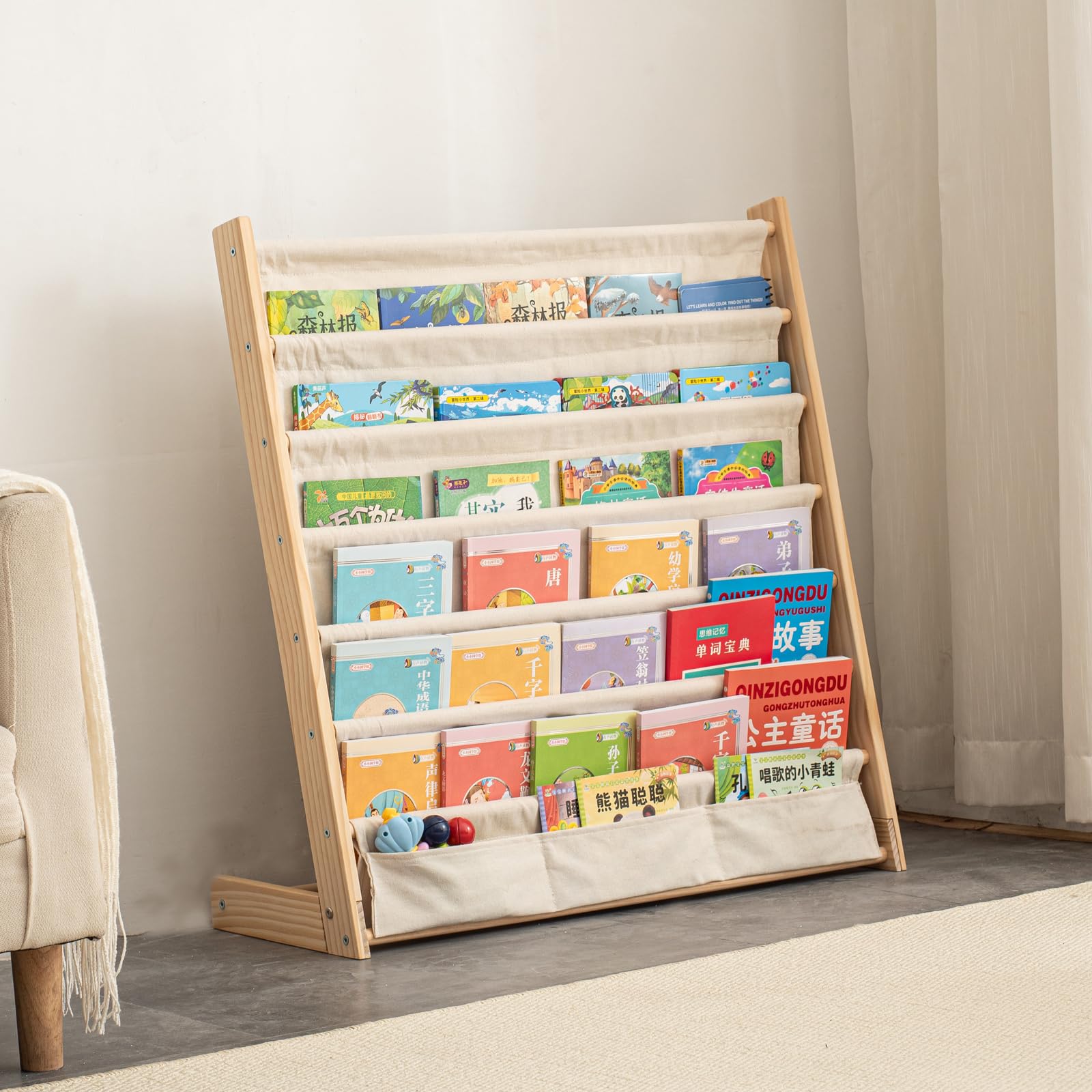 7 Tier Wooden Kids Bookshelf Book Holder Natural Wood Book Rack Storage Bookshelf