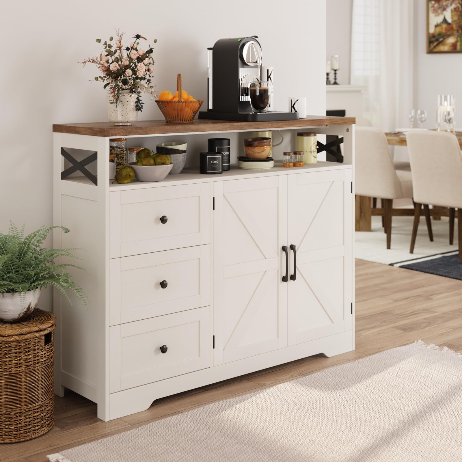 Farmhouse Buffet Cabinet with Drawers & Open Shelf, Sideboard with Storage, Kitchen