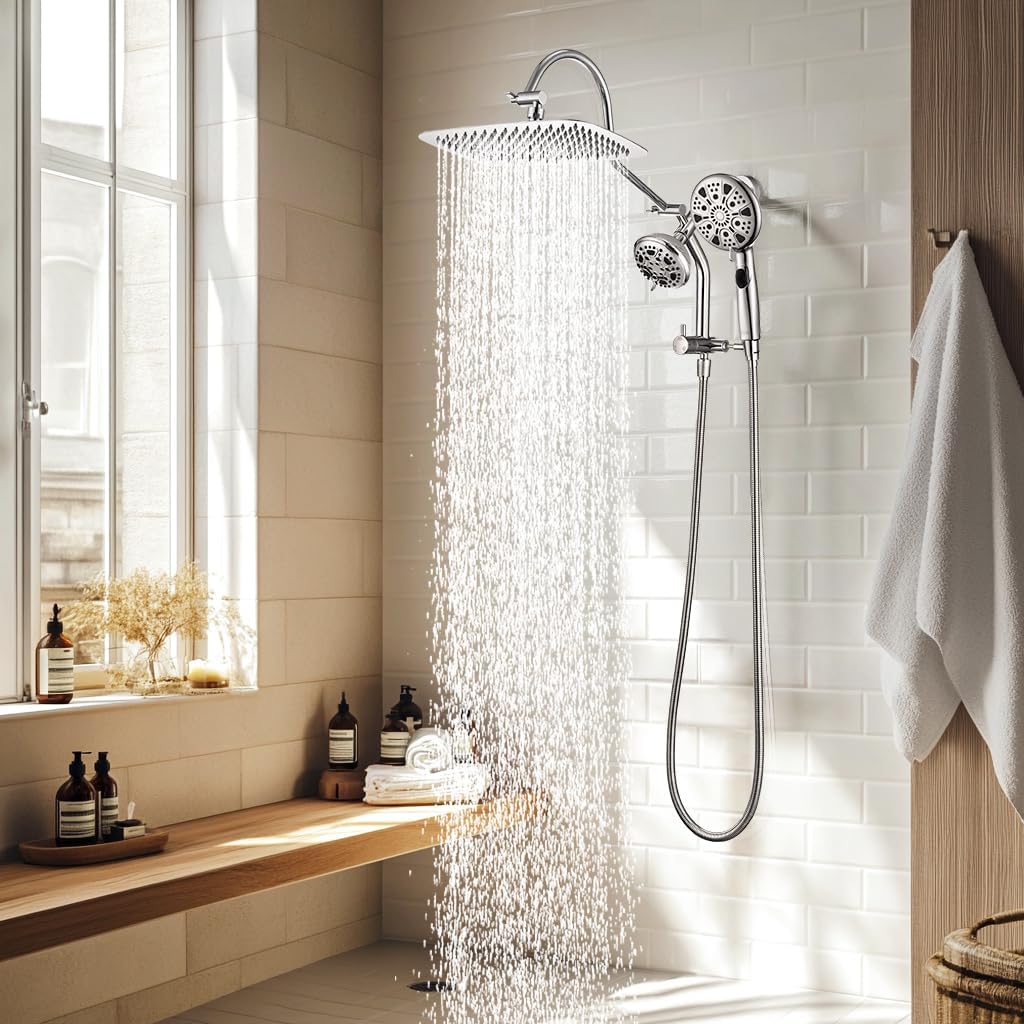 G-Promise 12 Inch Metal Rain Shower Head with Handheld Spray Combo, Massage Fixed and 7+2 Function Handheld Showerhead, Extended Diverter with 12 Inch Extension Arm, Extra Long stainless steels Hose