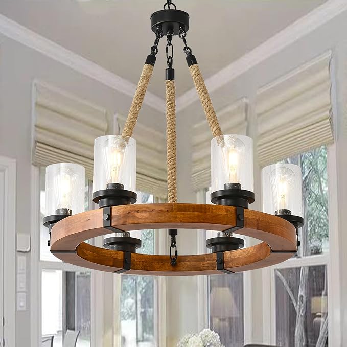 12 Light Wagon Wheel Chandelier, Round Wood Pendant Light