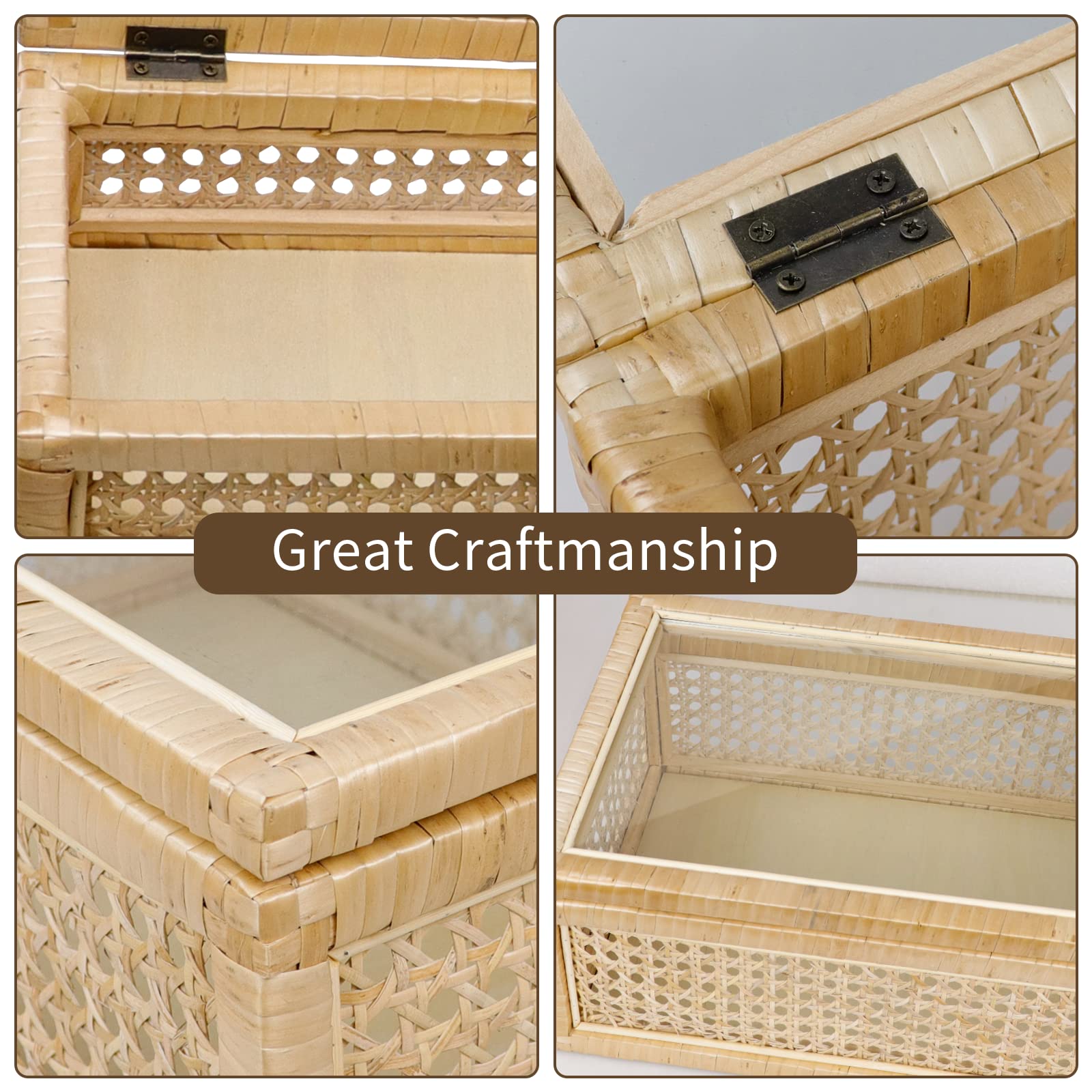 POPRHINO Rattan Decorative Box with Glass Lids, Set of 2 Rectangular Decorative Boxes for Home Décor, Rattan Woven Case for Display, Wicker Storage Decoration (15 x 9.4 x 6 Inch, 12.2 x 7 x 3.9Inch)