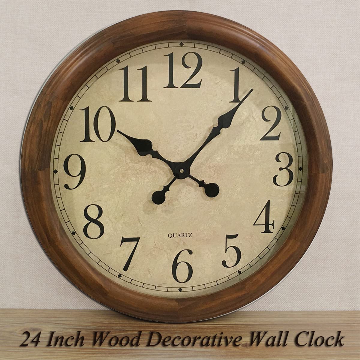24-Inch Wood Silent Non-Ticking Battery Operated Decorative Wall Clock