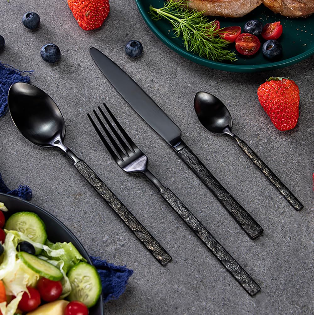 Black Silverware Set for 8 Stainless Steel 32 Piece Square Flatware Set Retro Tableware