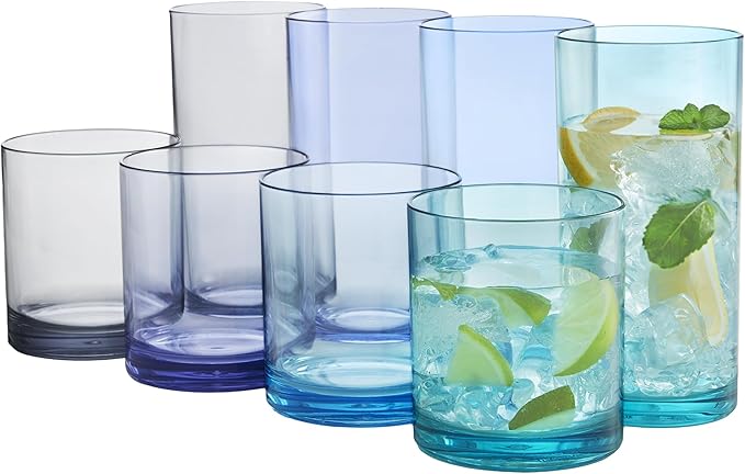 Classic Clear Plastic Reusable Drinking Glasses (Set of 8) 12oz Rocks & 16oz Water